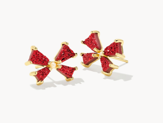 Blair Bow Small Stud Earrings Gold Bright Red Drusy