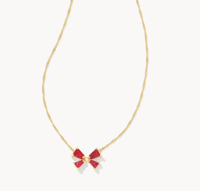 Blair Gold Bow Small Short Pendant Necklace in Bright Red Drusy