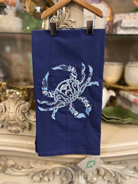 Embroidered Blue Kitchen Towels Chinoiserie Crab