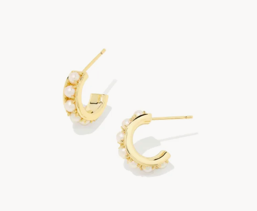 Krista Gold Huggie Earrings in White Pearl