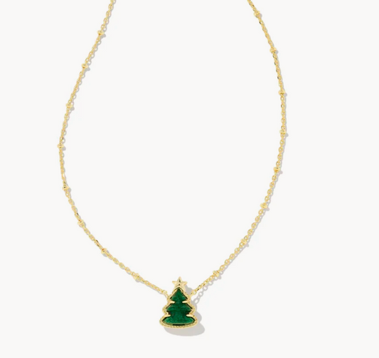 Holiday Tree Gold Short Pendant Necklace in Green Quartzite